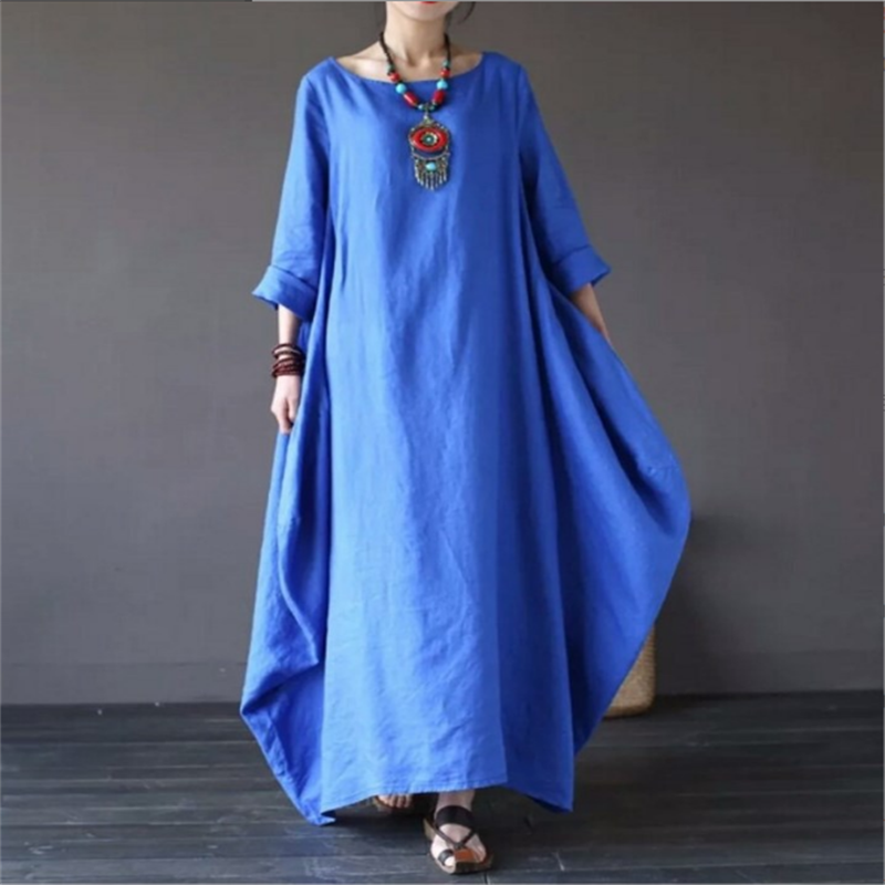 2024 Spring New Loose Size Round Neck Mid-Sleeve Large Swing Cotton And Linen Long Dress