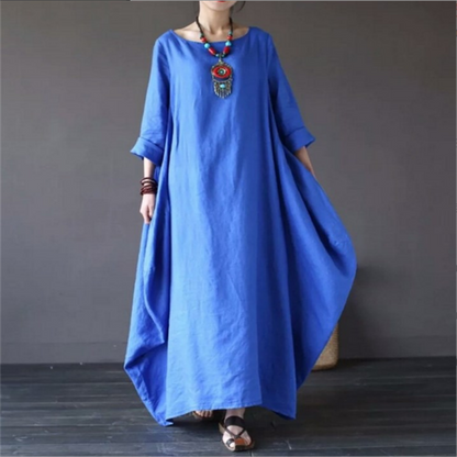 2024 Spring New Loose Size Round Neck Mid-Sleeve Large Swing Cotton And Linen Long Dress