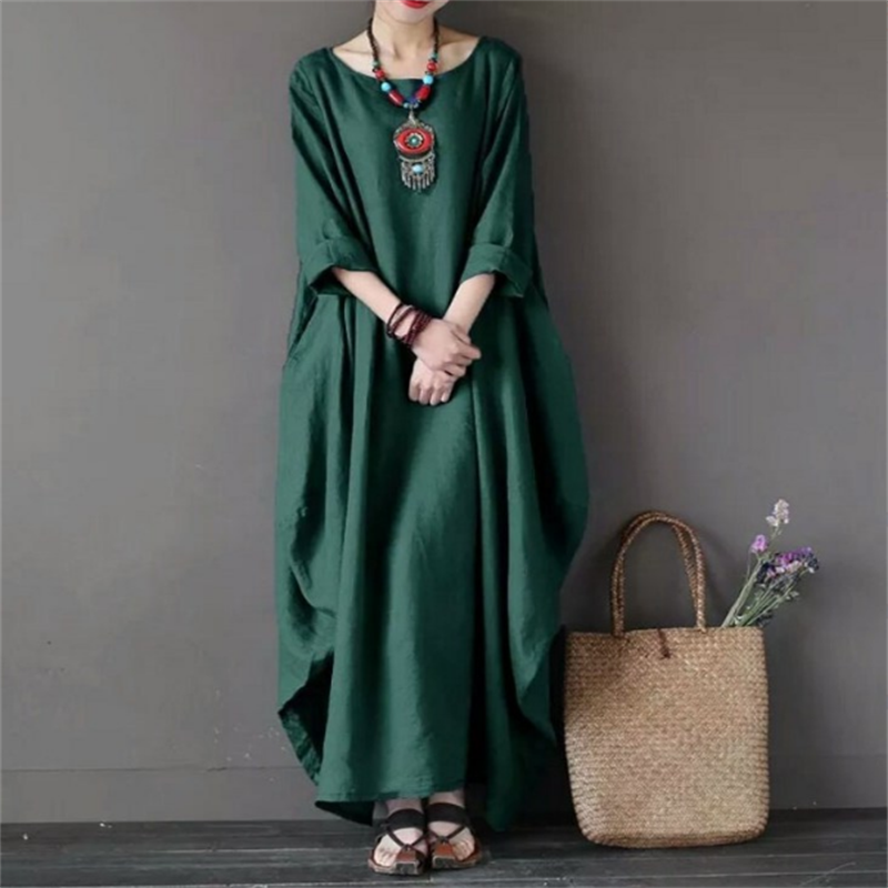 2024 Spring New Loose Size Round Neck Mid-Sleeve Large Swing Cotton And Linen Long Dress