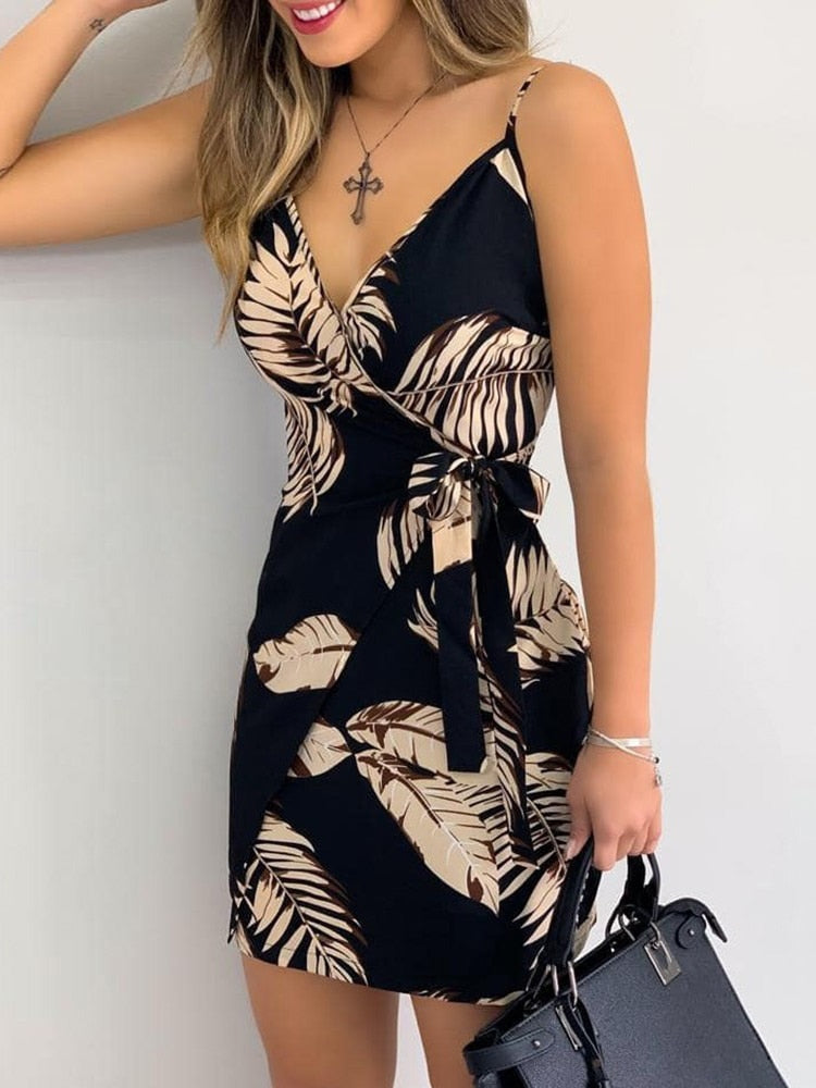 Tropical Print V-Neck Wrap Casual Dress Women Sleeveless Summer Holiday Mini Dress