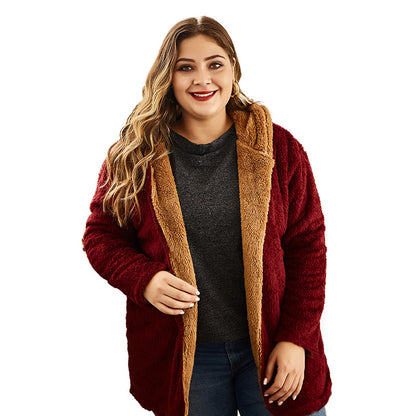 European And American Style Hooded Flocking Large Size Coat