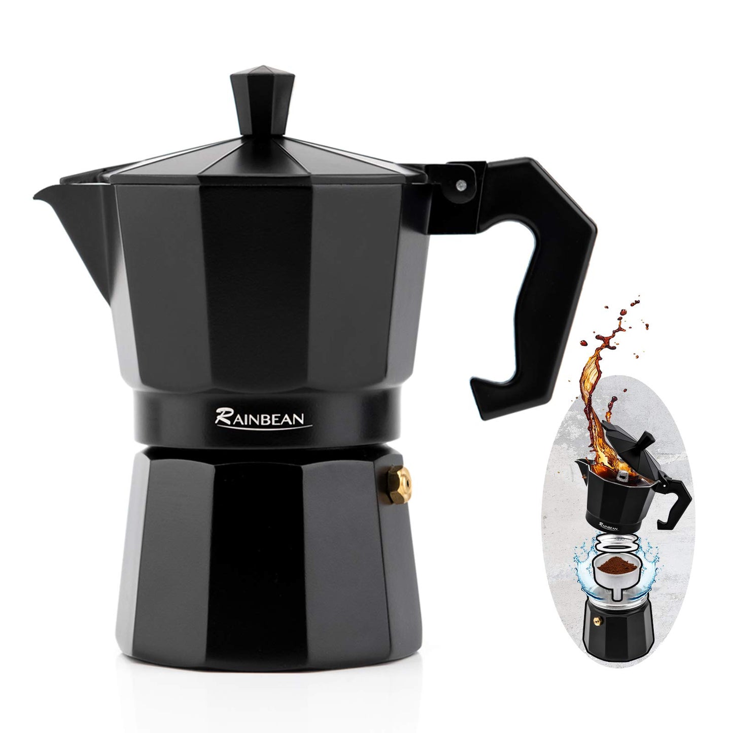 Cafetera espresso para estufa, cafetera espresso, cafetera moka, cafetera clásica, cafetera de percolador, cafetera espresso italiana para gas o eléctrica, aluminio, color negro, paquete de regalo con 2 tazas, plataforma de Amazon prohibida