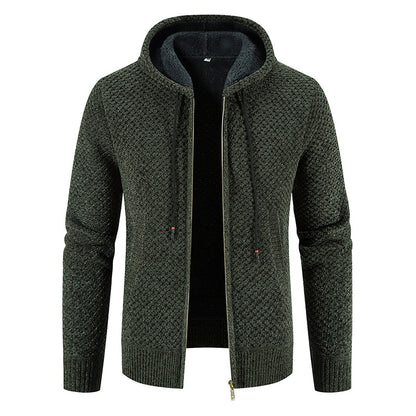 Suéter con capucha para hombre, tejido de punto, forro polar, terciopelo con grosor añadido, cárdigan cálido con forro polar