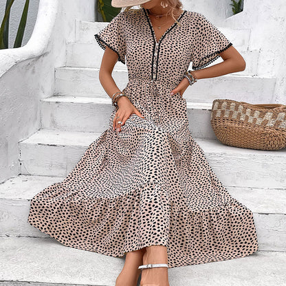 Vestido nuevo de verano con escote en V europeo y americano, estampado de leopardo