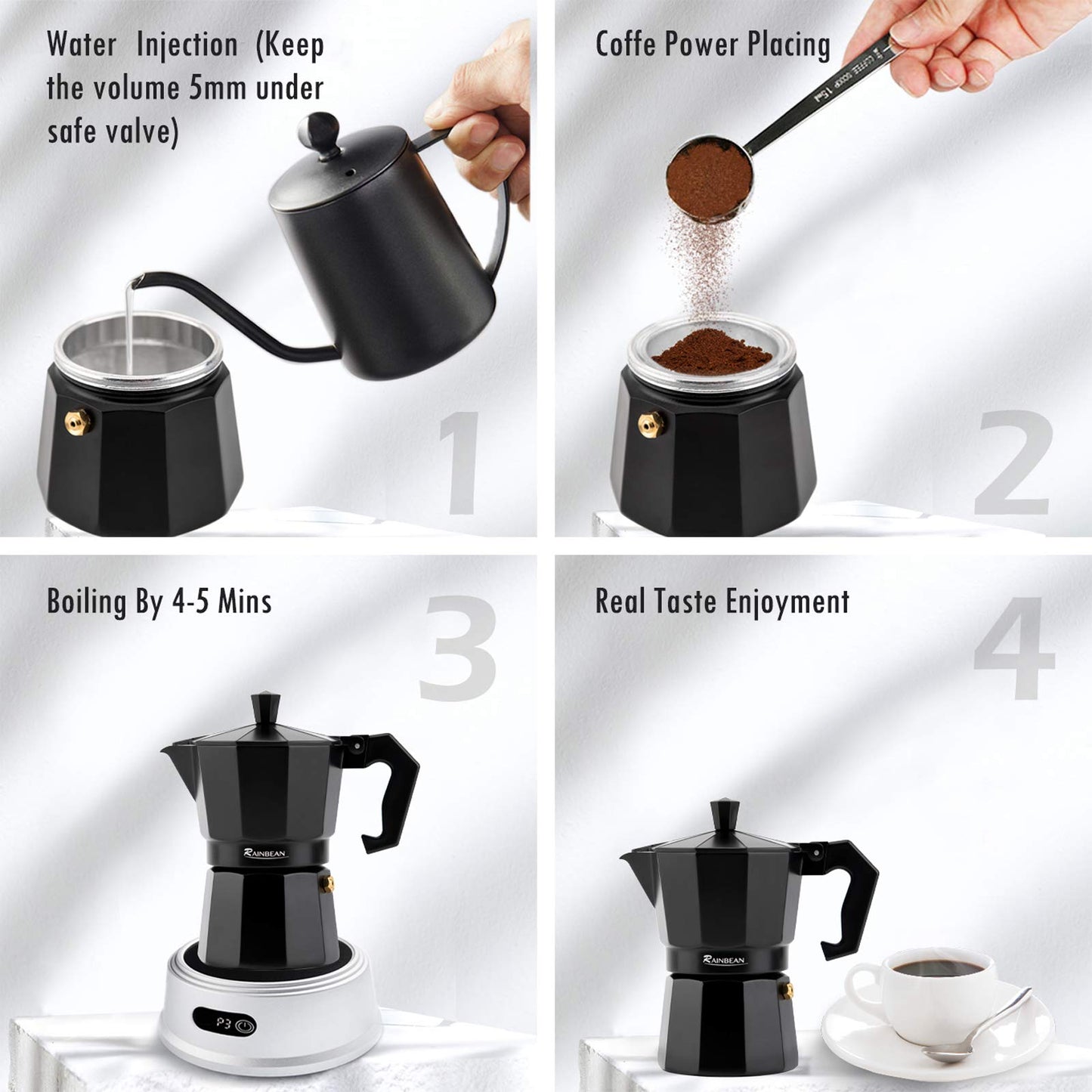 Cafetera espresso para estufa, cafetera espresso, cafetera moka, cafetera clásica, cafetera de percolador, cafetera espresso italiana para gas o eléctrica, aluminio, color negro, paquete de regalo con 2 tazas, plataforma de Amazon prohibida