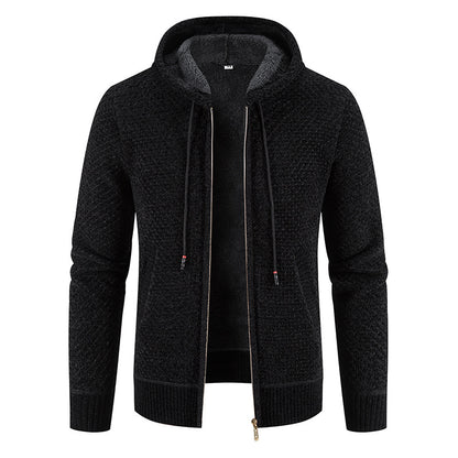 Suéter con capucha para hombre, tejido de punto, forro polar, terciopelo con grosor añadido, cárdigan cálido con forro polar