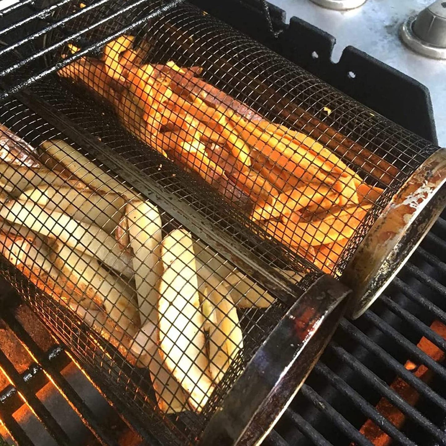 Cesta para asar con ruedas, cesta de metal para barbacoa, cesta de red portátil para acampar al aire libre, utensilios de cocina