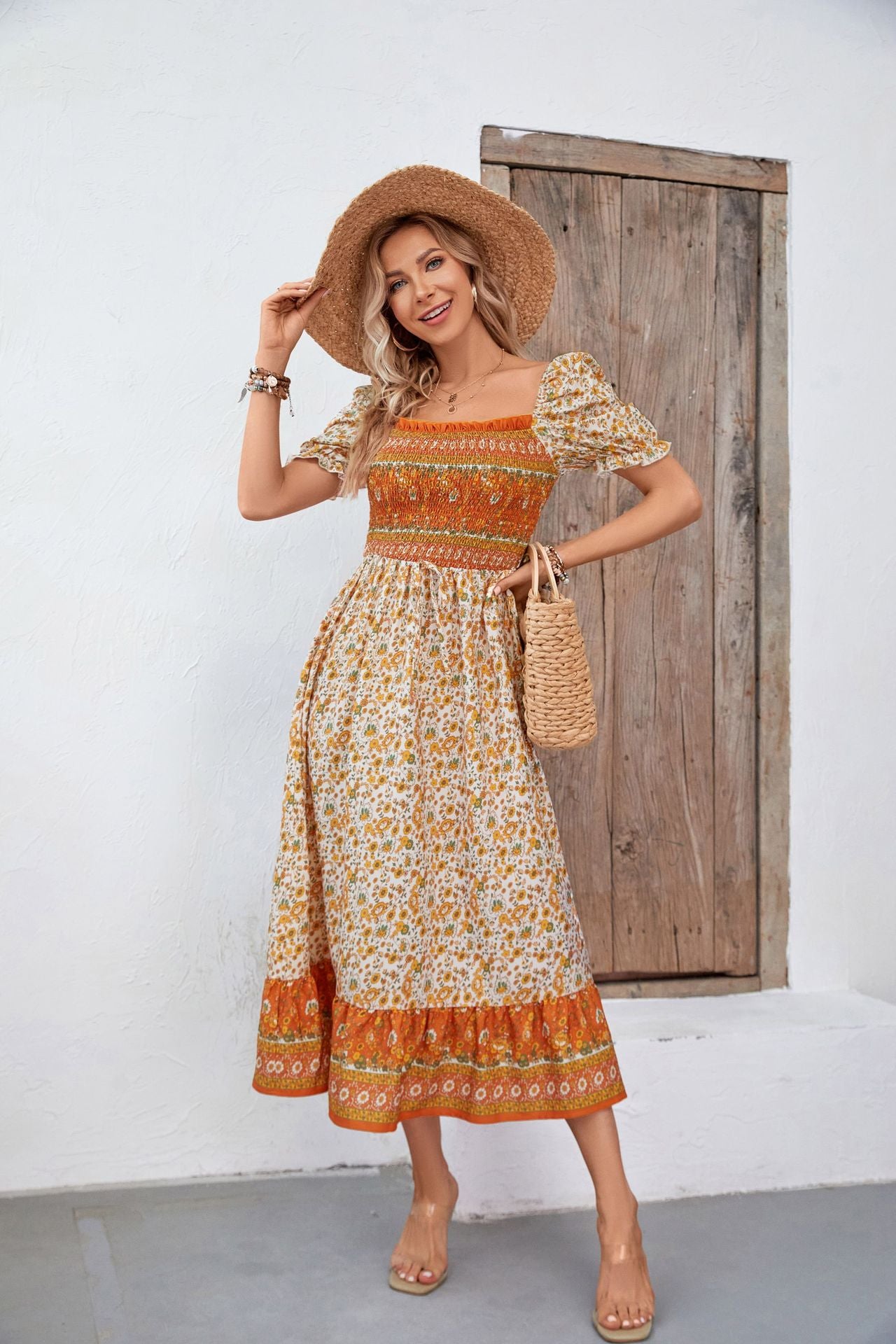 Vestido bohemio con cuello cuadrado y mangas abullonadas para mujer