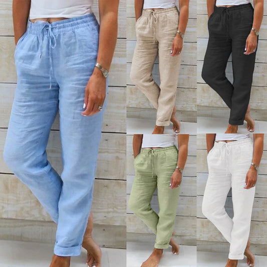 Pantalones casuales de algodón y lino de color sólido con cintura alta y cintura elástica para mujer