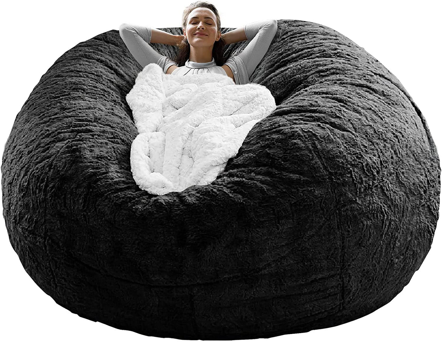 Funda para sillón, solo era una funda, no un cojín completo para sillón puf, funda grande y redonda de terciopelo PV suave y esponjosa para sofá cama, muebles de sala de estar, funda para sofá cama Lazy, 5 pies, color negro