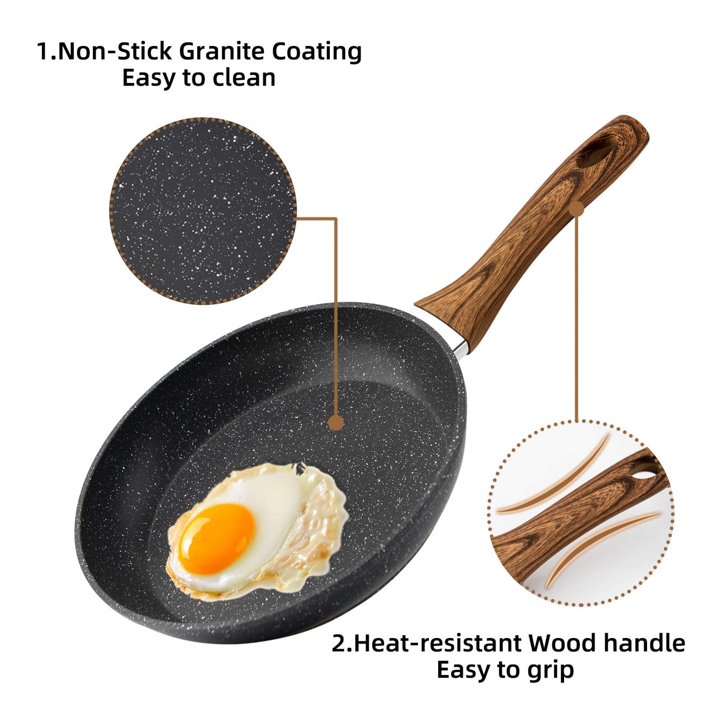 Juego de sartenes antiadherentes de 3 piezas, juego de utensilios de cocina Woks, mango de baquelita con efecto madera ergonómico resistente al calor, sin PFOA