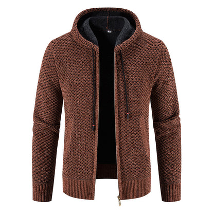 Suéter con capucha para hombre, tejido de punto, forro polar, terciopelo con grosor añadido, cárdigan cálido con forro polar