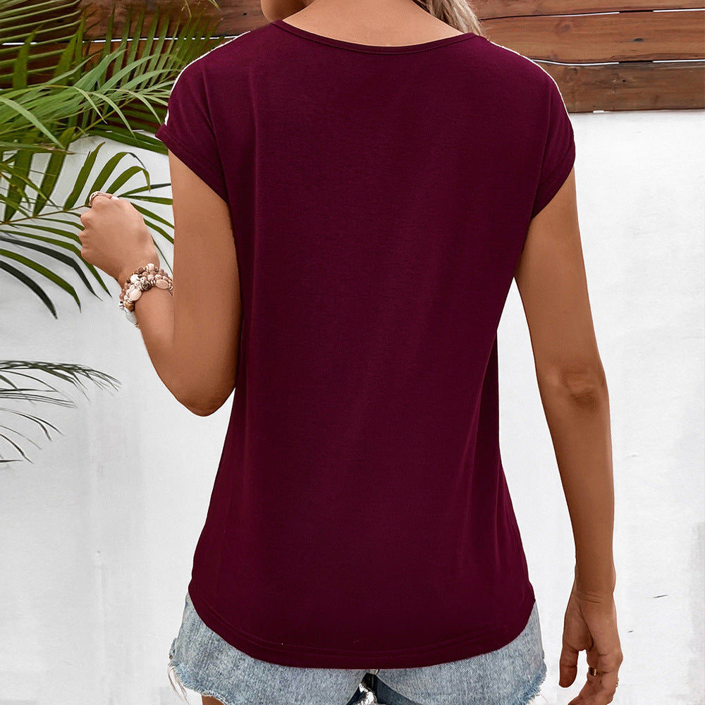 Blusa de manga corta cómoda e informal con cuello en V y encaje hueco estilo europeo y americano