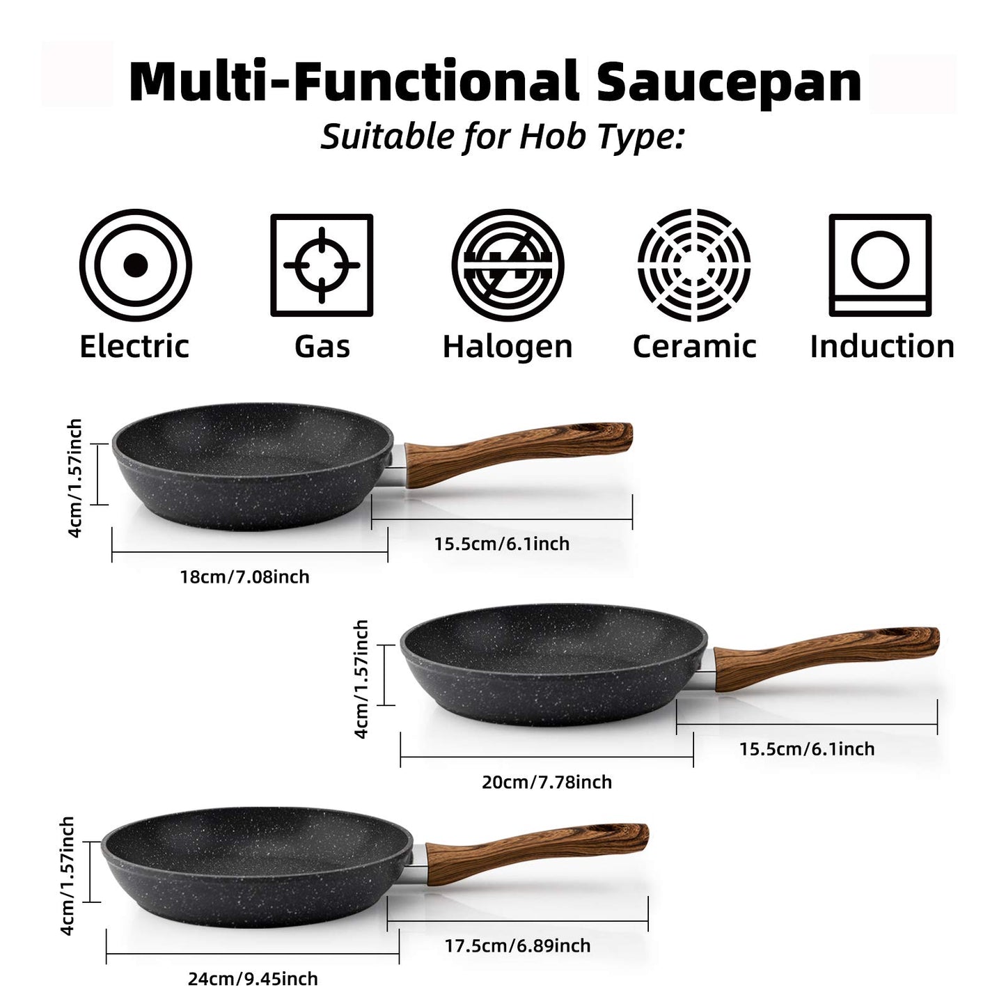 Juego de sartenes antiadherentes de 3 piezas, juego de utensilios de cocina Woks, mango de baquelita con efecto madera ergonómico resistente al calor, sin PFOA