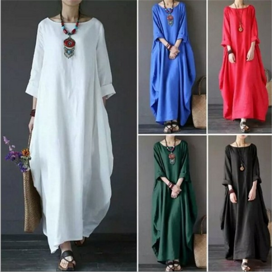 2024 Spring New Loose Size Round Neck Mid-Sleeve Large Swing Cotton And Linen Long Dress