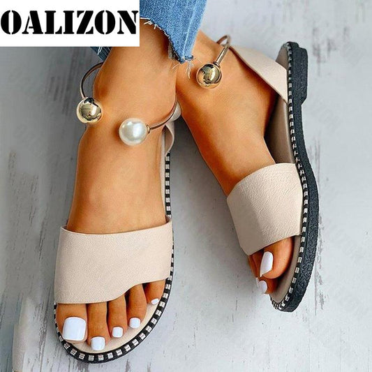 2023 Nuevas sandalias de verano con cuentas y perlas para mujer, zapatillas, zapatos para mujer, sandalias planas, chanclas, sandalias planas informales con tira trasera, zapatos 