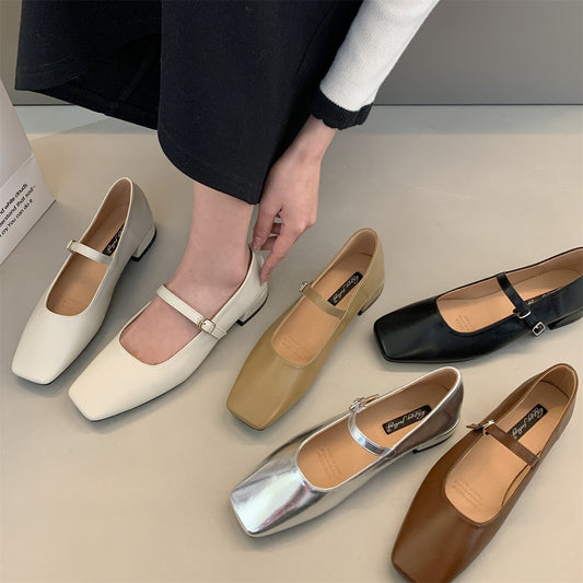 Bailamos Fashion Flats Brand Design Square Toe Women Ballet Shoes Casual Buckle Strap Female Dress Shoes Low Heels Mu