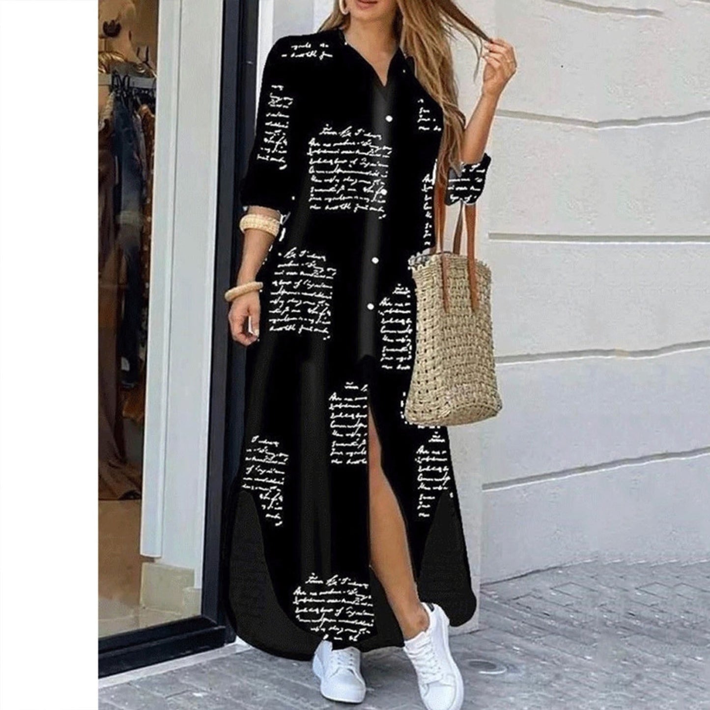 Vestido camisero elegante de moda de verano para mujer 2023, estampado de manga larga con botones, ropa informal para oficina y vacaciones, vestido largo para mujer 