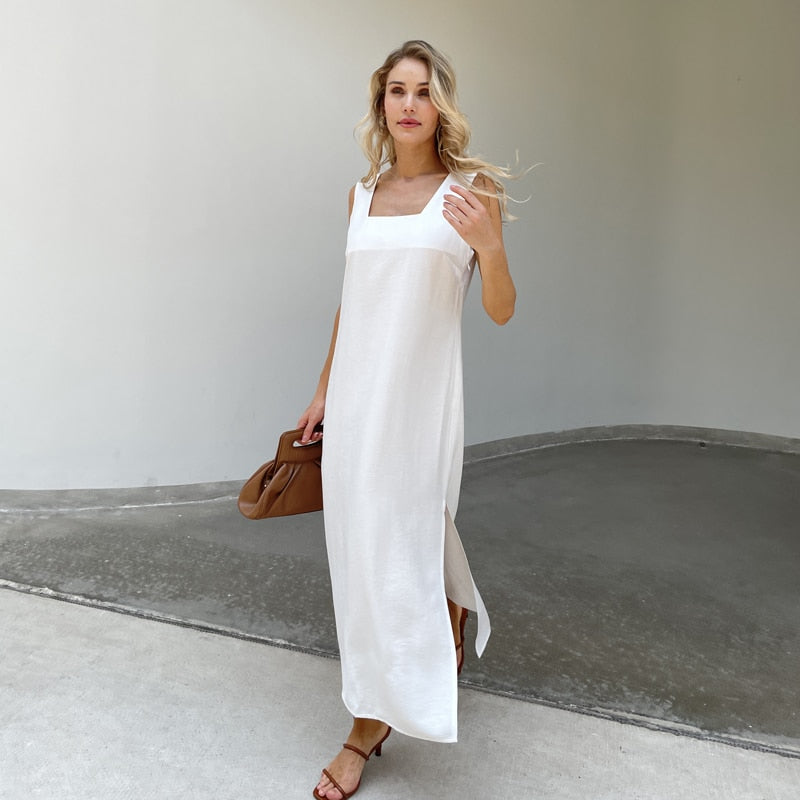 New Design 2023 Summer Women Solid Sleeveless Fashion Dress Split Tank Dress beach