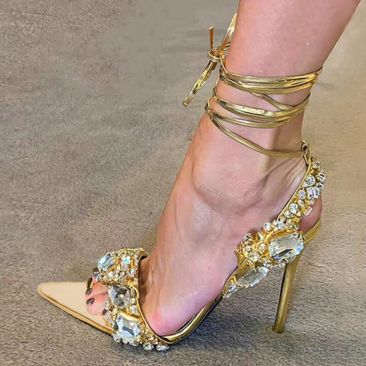 Liyke - Sandalias sexis doradas con tiras en el tobillo para mujer, tacones de stripper para fiestas en discotecas, zapatos de boda con punta de diamante de cristal de alta calidad 