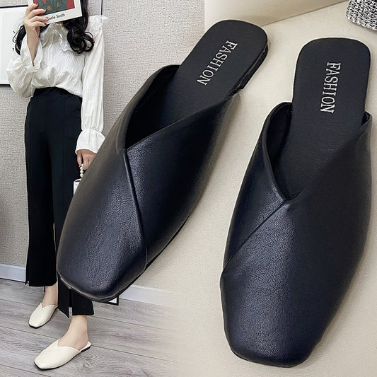 Women Mules Summer Elegant Square Closed Toe Flat Slippers Female Shoes Casual Leather Black White Slides Plus Size 35-43