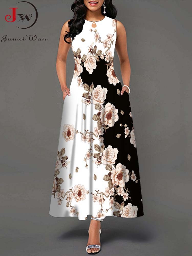 Summer Women Floral Printed Long Dresses Casual Sleeveless Beach Holiday Boho Maxi Dress Vestidos